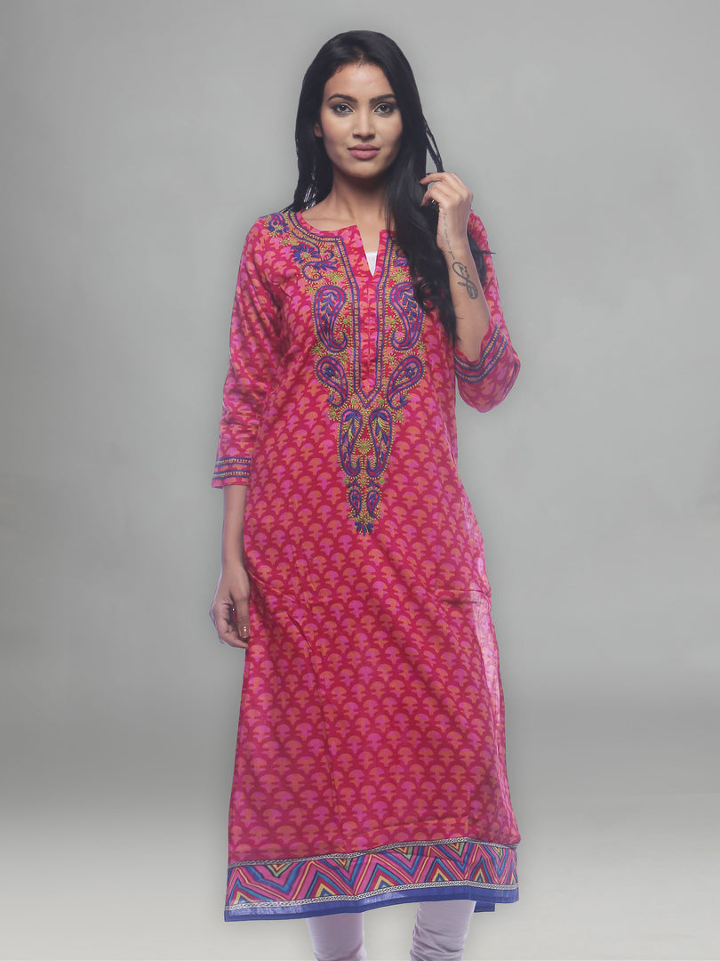 Seva Chikan Hand Embroidered Magenta Cotton Lucknowi Chikan Kurti-SCL0201