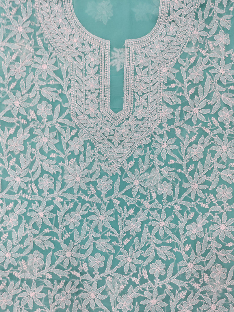 Seva Chikan Hand Embroidered Sea Green Georgette Lucknowi Chikankari Unstitched Suit Piece-SCL13134