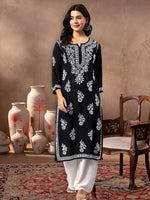 Load image into Gallery viewer, Seva Chikan Hand Embroidered Lucknowi Chikankari Black Rayon Kurta SCL4772
