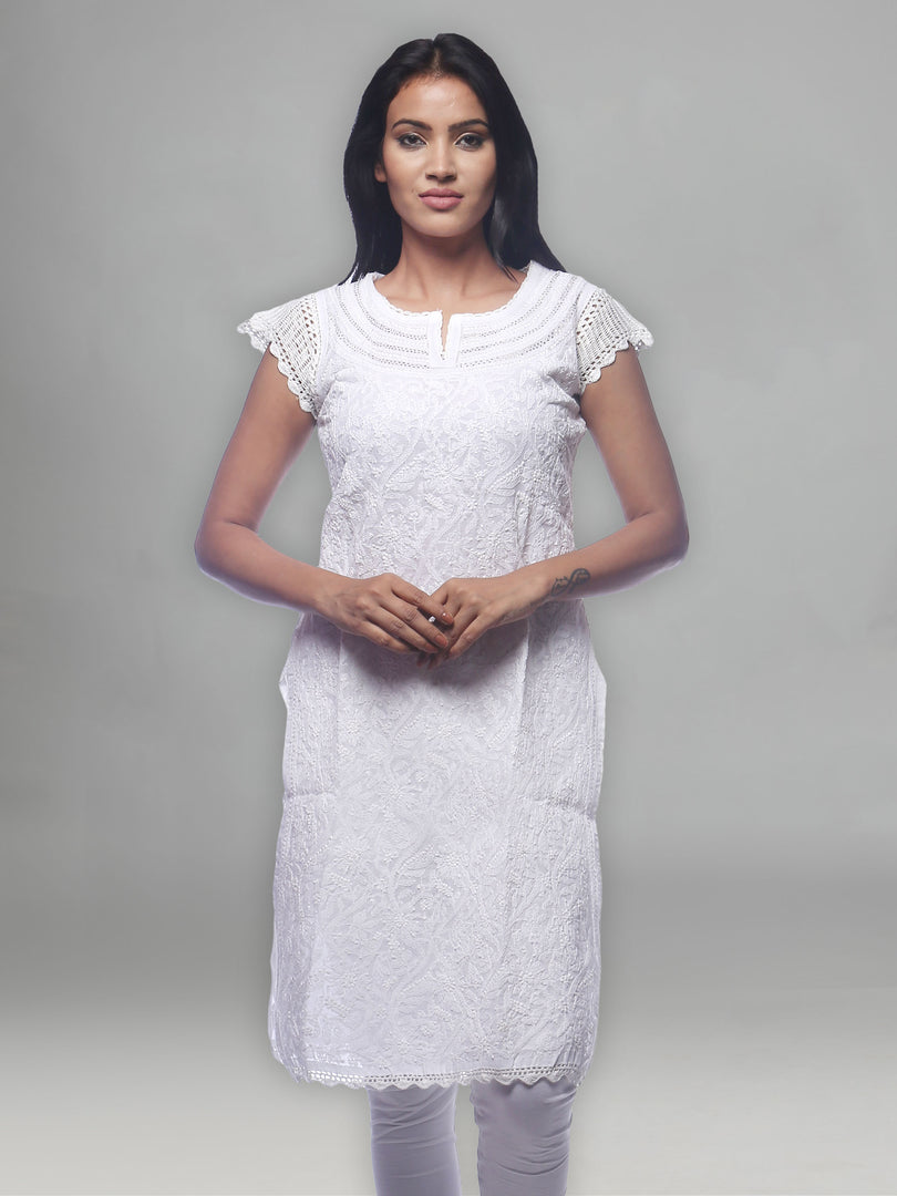 Seva Chikan Hand Embroidered White Cotton Lucknowi Chikan Kurti-SCL0221