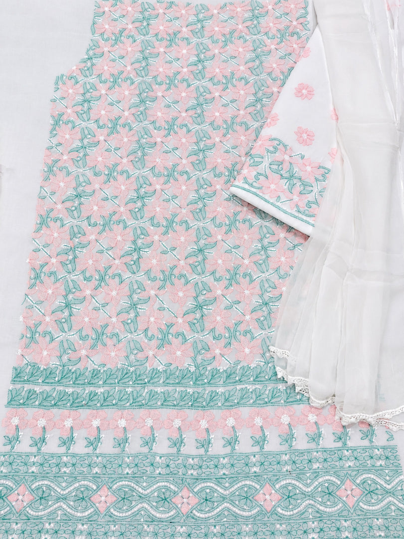 Seva Chikan Hand Embroidered White base Terivoil Cotton Lucknowi Chikankari Unstitched Suit Piece-SEV15004