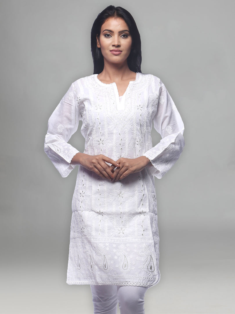 Seva Chikan Hand Embroidered White Cotton Lucknowi Chikan Kurti-SCL0223