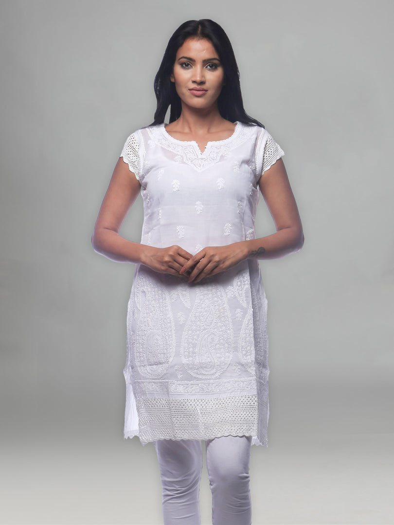 Seva Chikan Hand Embroidered White Cotton Lucknowi Chikan Kurti-SCL0310