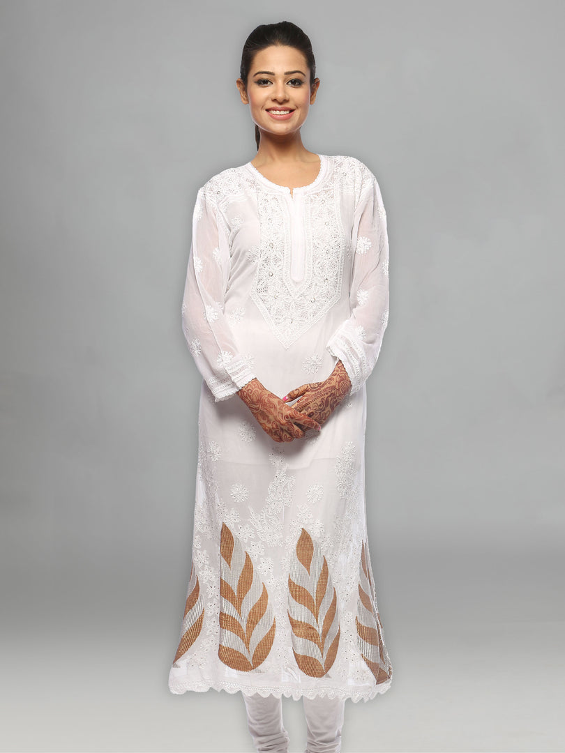 Seva Chikan Hand Embroidered White Pure Georgette Lucknowi Chikan Kurti With Muqaish Work-SCL0626