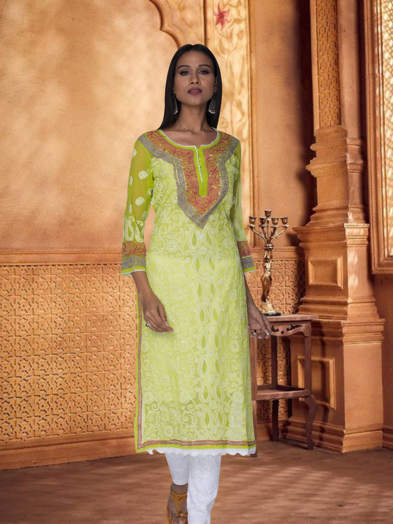 Seva Chikan Hand Embroidered Light Green Georgette Lucknowi Chikan Kurti SCL1045