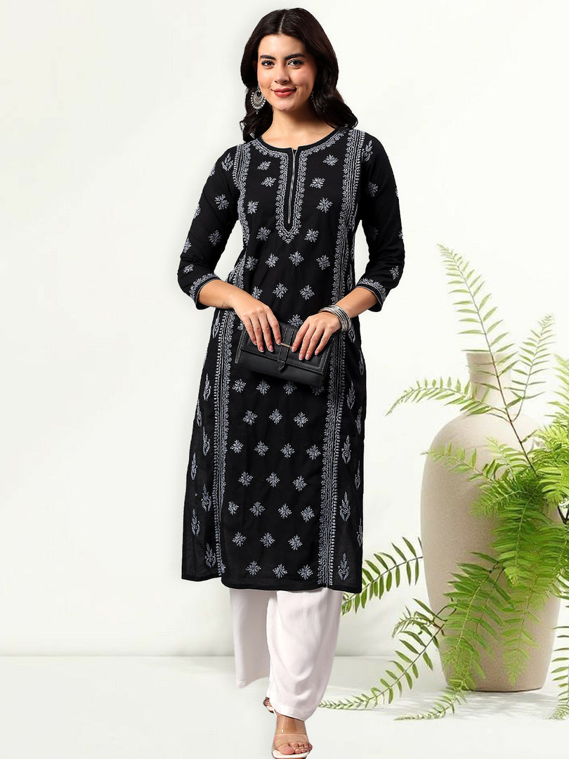 Seva Chikan Hand Embroidered Lucknowi Chikankari Black & Grey Cotton Kurta SCL4769