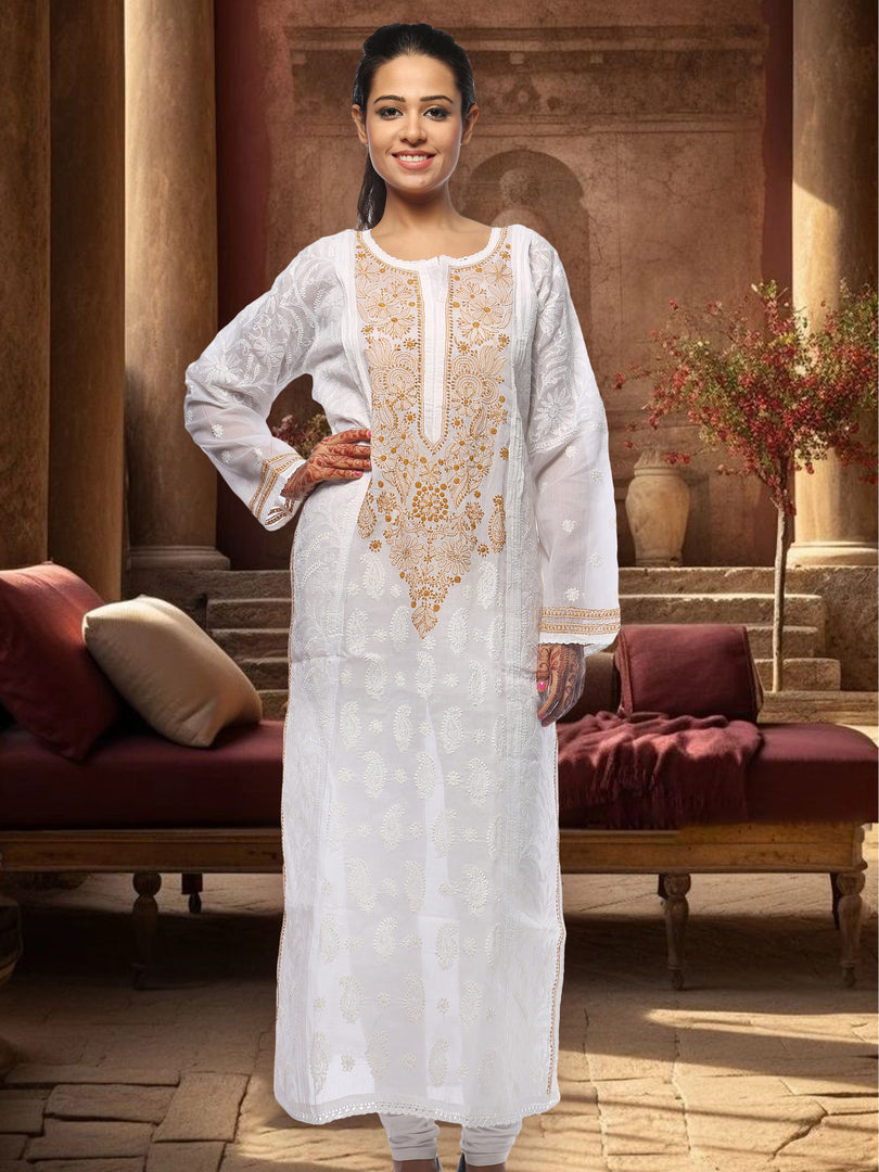 Seva Chikan Hand Embroidered White Cotton Lucknowi Chikan Kurta-SCL0682