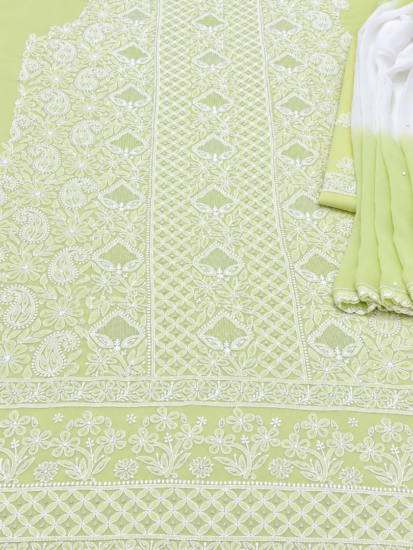 Seva Chikan Hand Embroidered Light Green Cotton Lucknowi Chikankari Unstitched Suit Piece-SEV15032