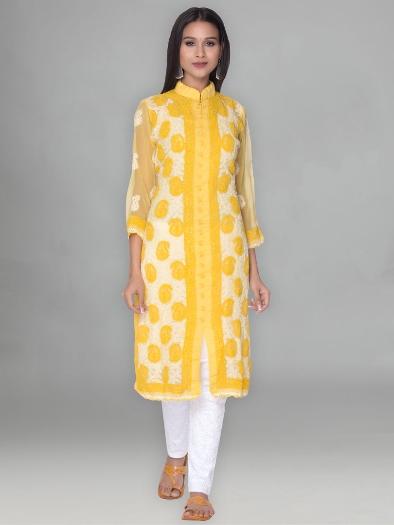 Seva Chikan Hand Embroidered Yellow Faux Georgette Lucknowi Chikan Front Open Kurta-SCL0892