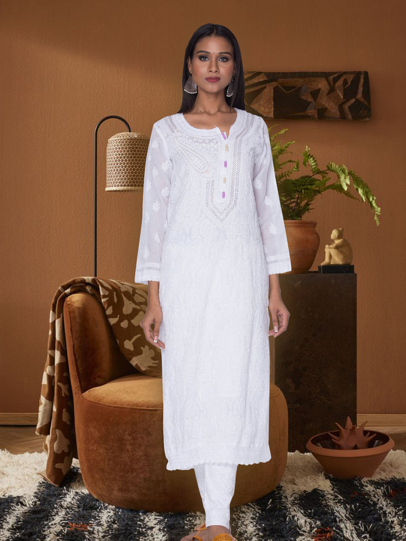 Seva Chikan Hand Embroidered White Cotton Lucknowi Chikan Kurti SCL1040