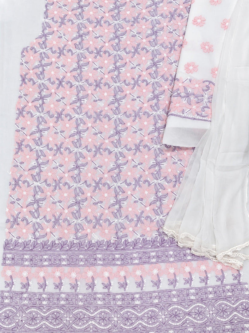 Seva Chikan Hand Embroidered White Terivoil Cotton Lucknowi Chikankari Unstitched Suit Piece-SEV15006