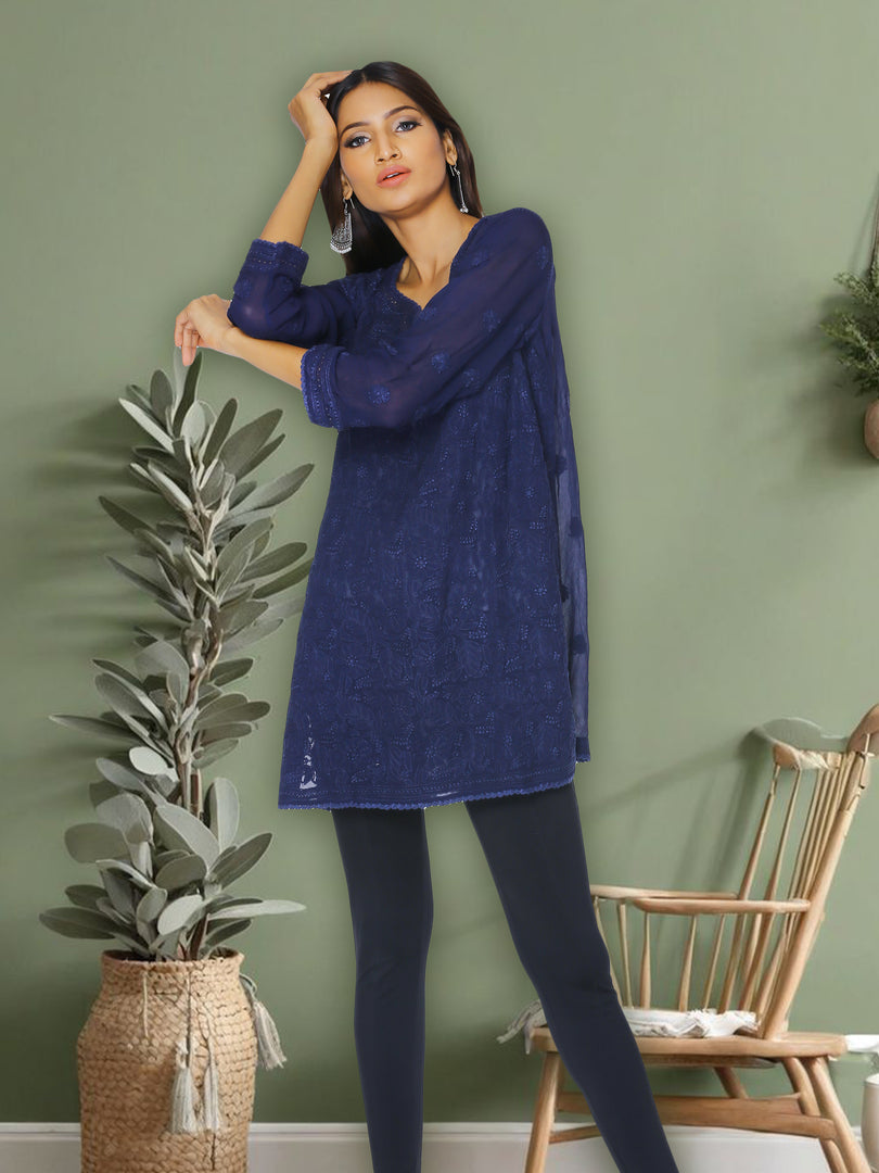 Seva Chikan Hand Embroidered Blue Georgette Lucknowi Chikan Short Kurti SCL1042
