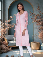 Load image into Gallery viewer, Seva Chikan Hand Embroidered Peach Georgette Lucknowi Chikan Kurti SCL1024
