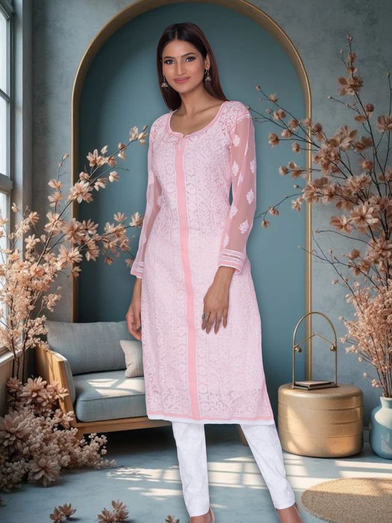 Seva Chikan Hand Embroidered Peach Georgette Lucknowi Chikan Kurti SCL1024