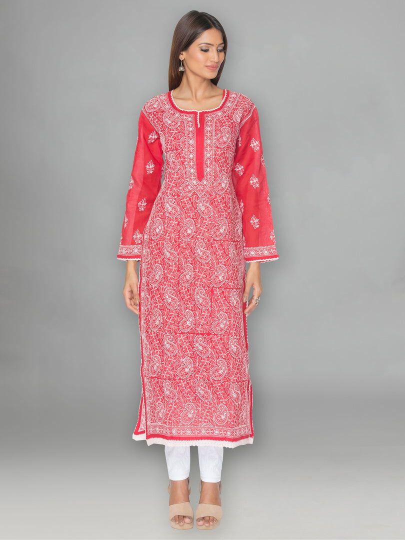 Seva Chikan Hand Embroidered Red Cotton Lucknowi Chikankari Kurta-SCL0982