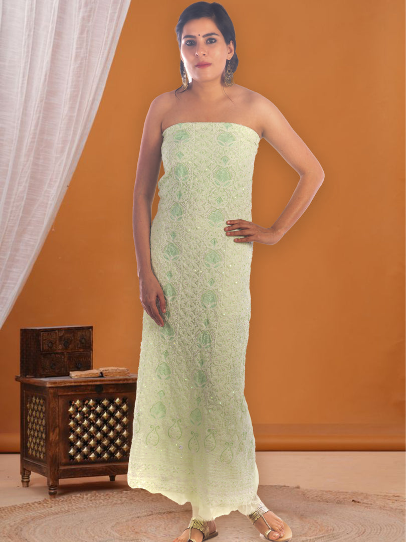 Seva Chikan Hand Embroidered Light Green Georgette Chikankari Unstitched Kurti Piece SCL1139