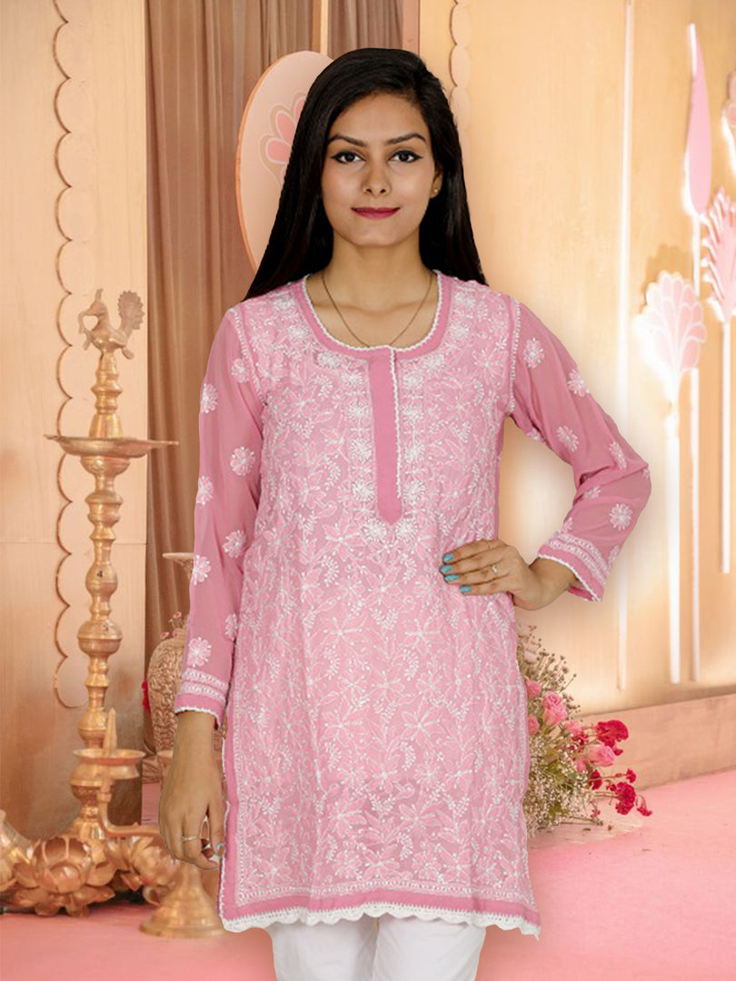 Seva Chikan Hand Embroidered Dark Pink Georgette Lucknowi Chikan Short Kurti SCL0339