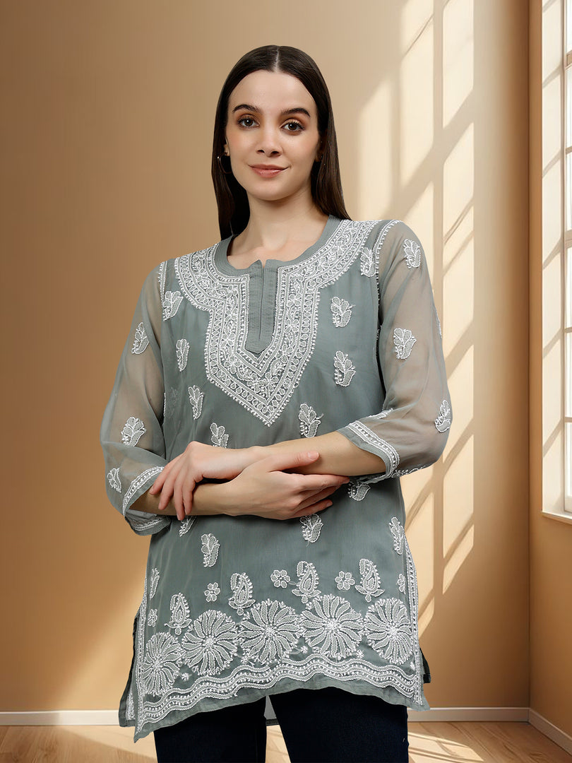 Seva Chikan Hand Embroidered Georgette Lucknowi Chikankari Top With Slip