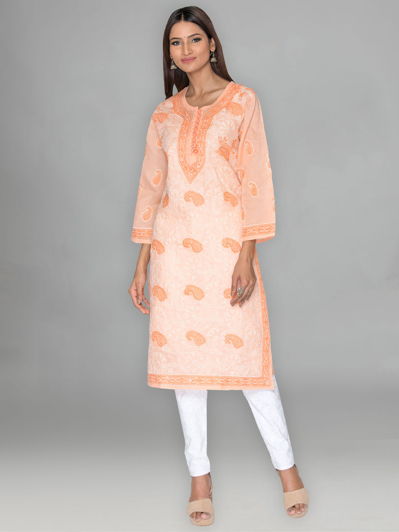 Seva Chikan Hand Embroidered Orange Cotton Lucknowi Chikan Kurta-SCL0936