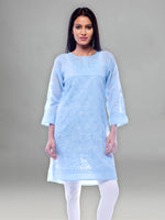 Load image into Gallery viewer, Seva Chikan Hand Embroidered Blue Cotton Lucknowi Chikan Kurti-SCL0216
