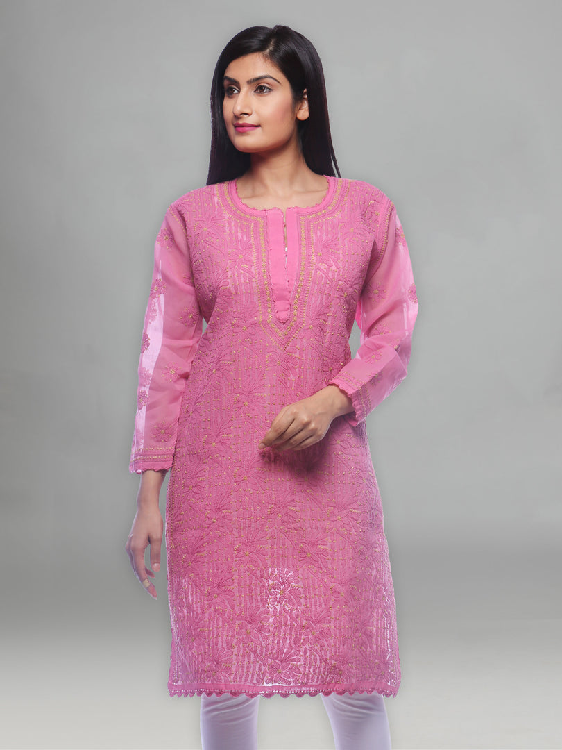 Seva Chikan Hand Embroidered Pink Cotton Lucknowi Chikan Kurti-SCL0323