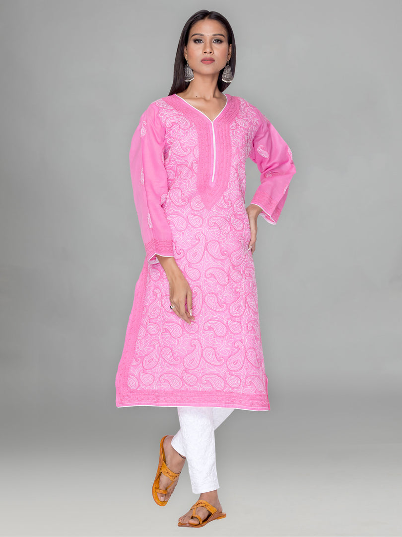 Seva Chikan Hand Embroidered Dark Pink Cotton Lucknowi Chikan Kurta-SCL0893