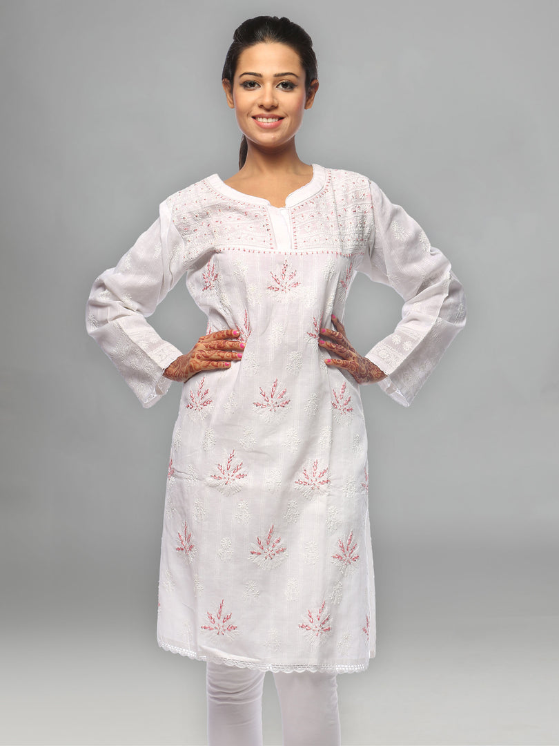 Seva Chikan Hand Embroidered White Cotton Lucknowi Chikan Kurta-SCL0674