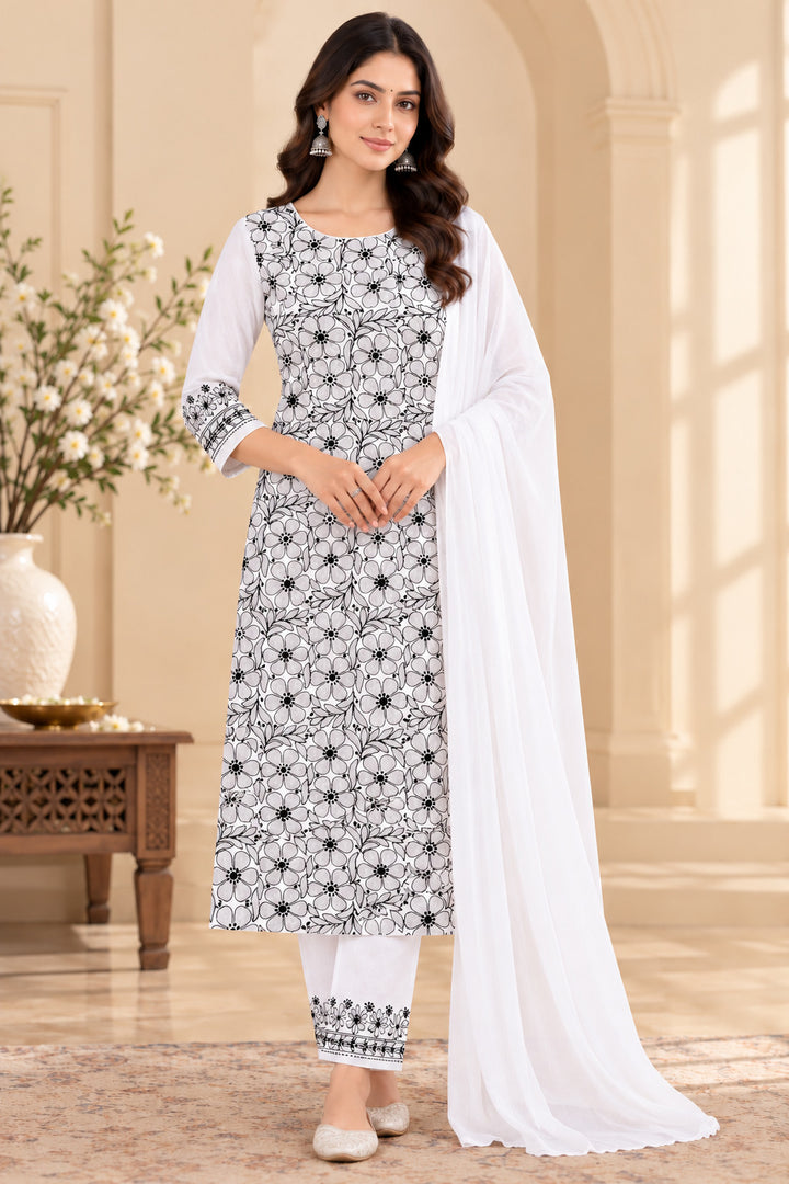 Seva Chikan Hand Embroidere White Terivoil Cotton Lucknowi Chikankari Unstitched Suit Piece-SEV15009