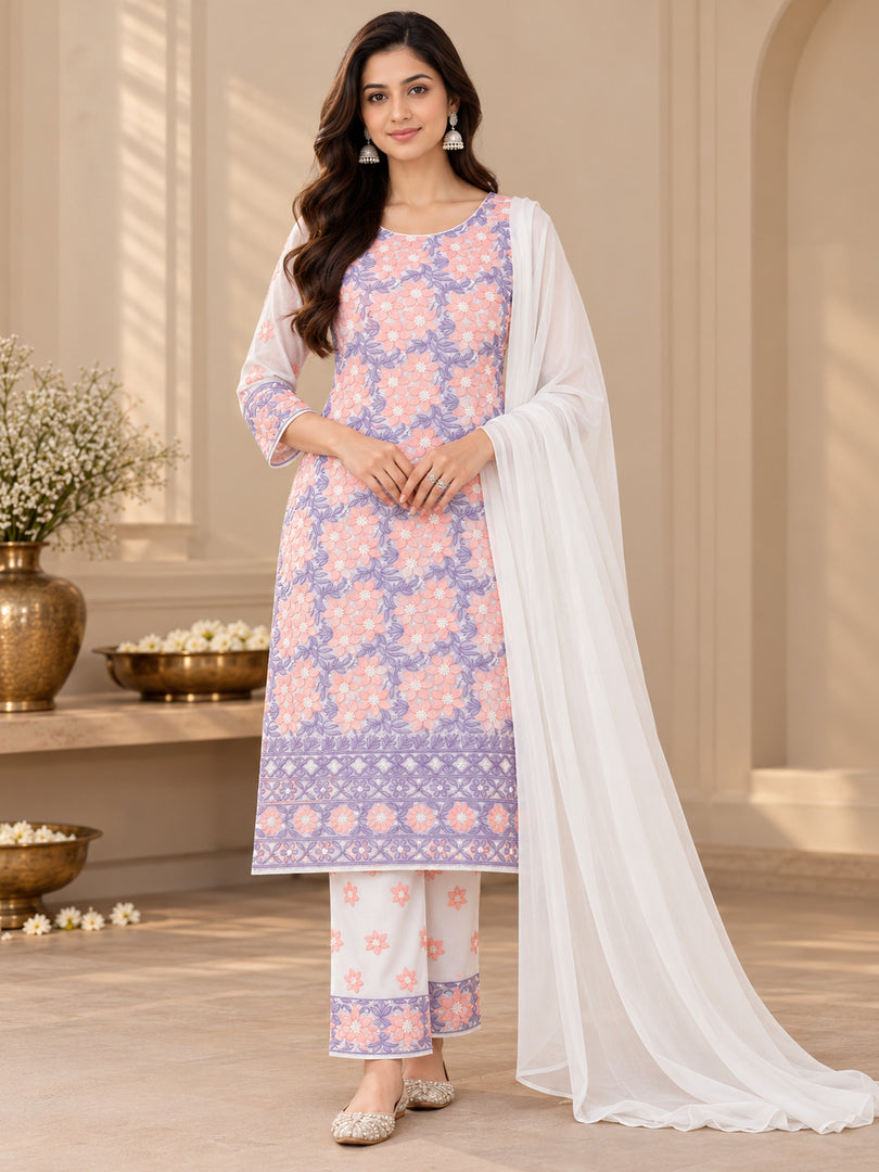 Seva Chikan Hand Embroidered White Terivoil Cotton Lucknowi Chikankari Unstitched Suit Piece-SEV15011