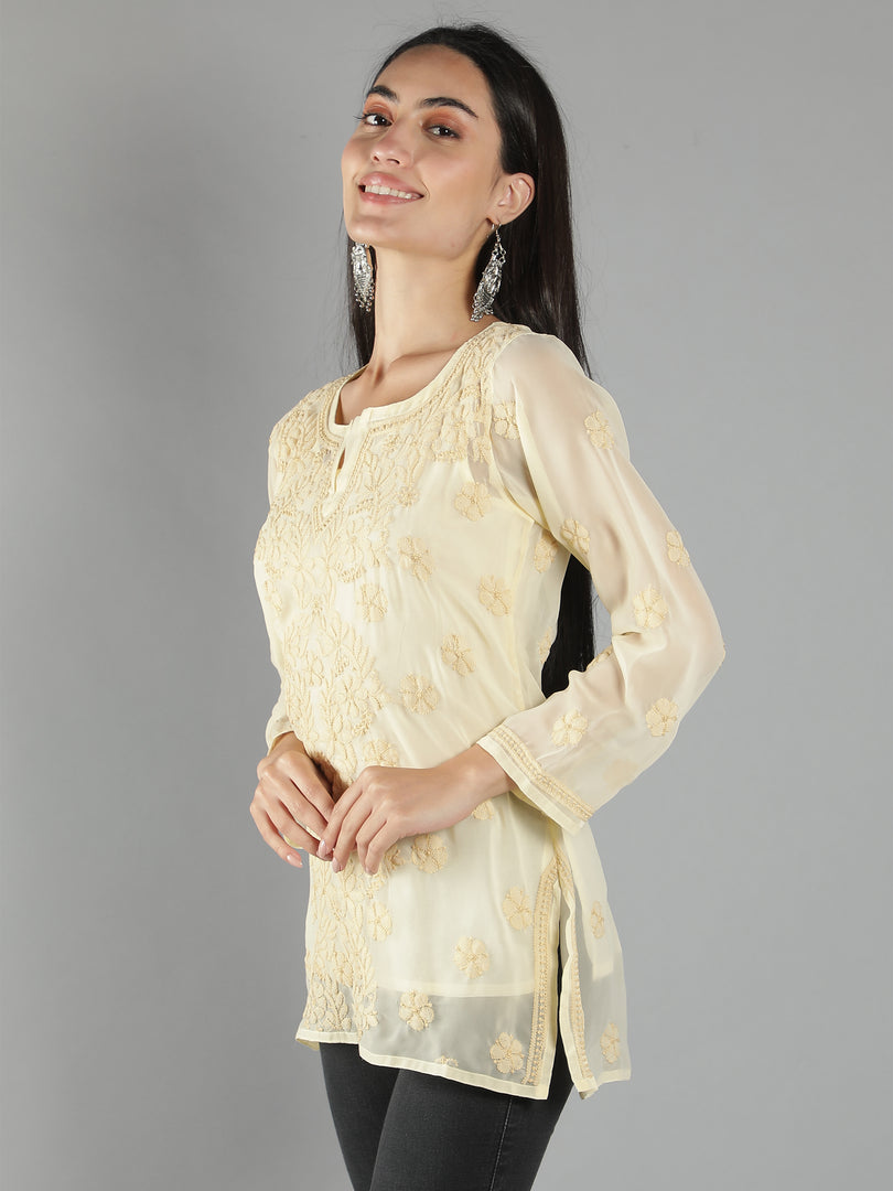 Seva Chikan Hand Embroidered  Georgette Lucknowi Chikan Top With Slip