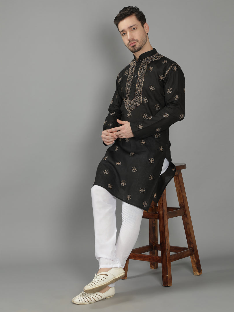 Seva Chikan Hand Embroidered Cotton Lucknowi Chikan Mens Stitched Kurta