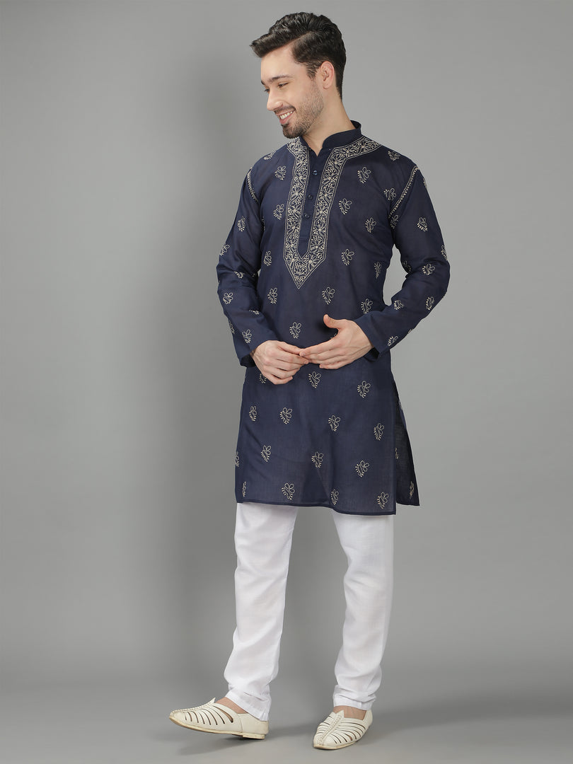 Seva Chikan Hand Embroidered Cotton Lucknowi Chikan Mens Stitched Kurta