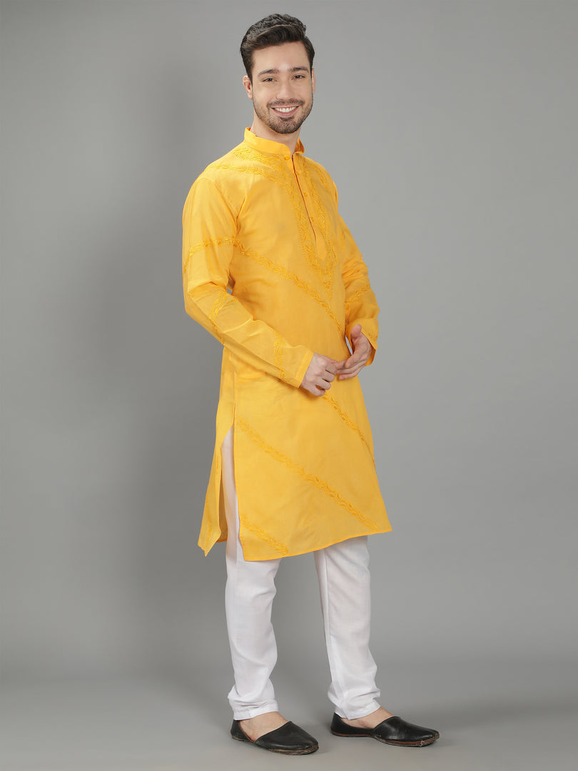 Seva Chikan Hand Embroidered Cotton Lucknowi Chikan Mens Stitched Kurta