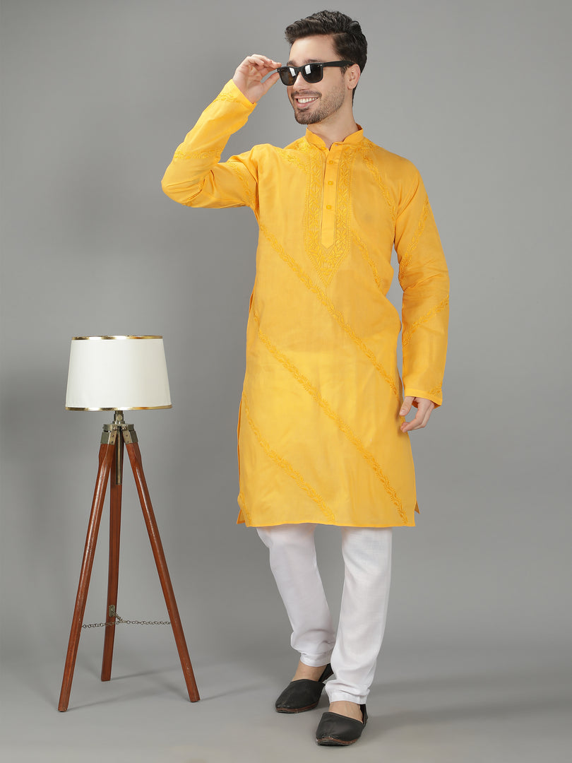 Seva Chikan Hand Embroidered Cotton Lucknowi Chikan Mens Stitched Kurta