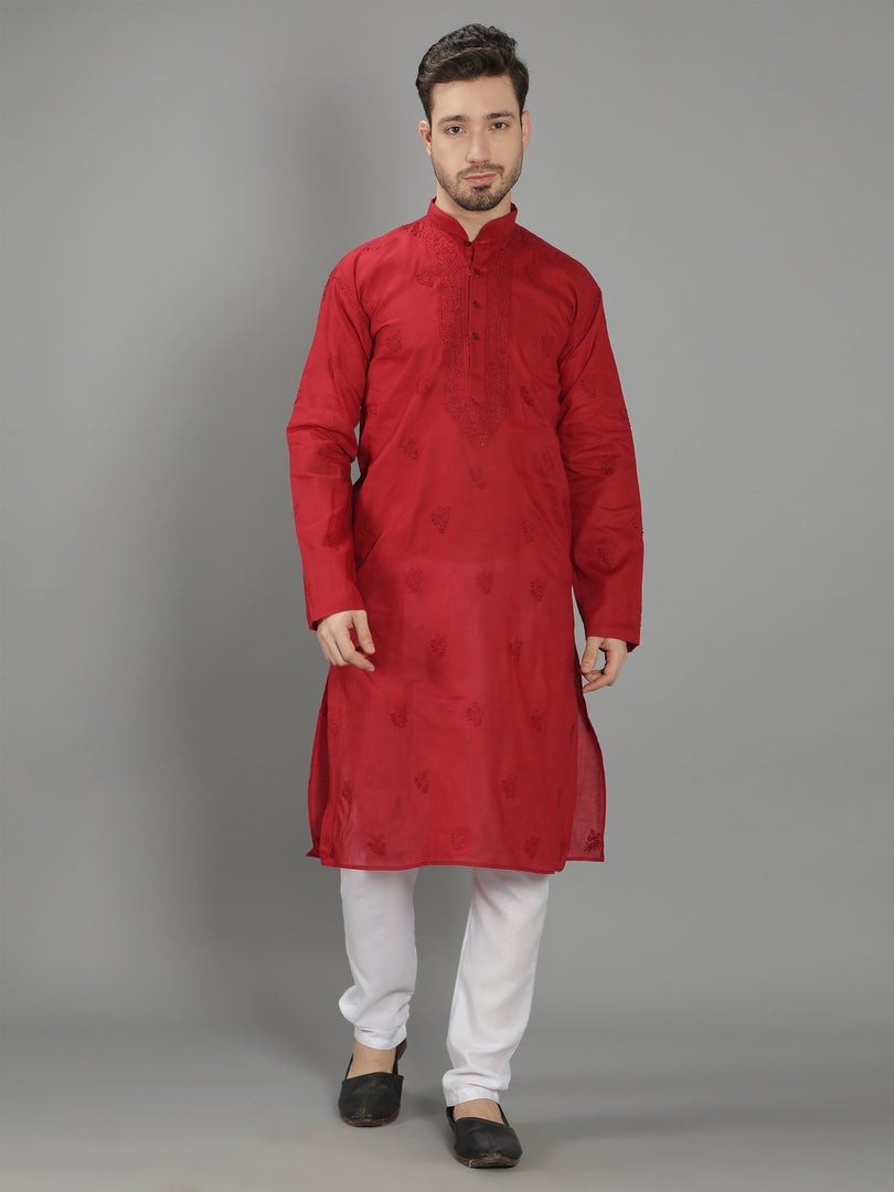 Seva Chikan Hand Embroidered Cotton Lucknowi Chikan Mens Stitched Kurta