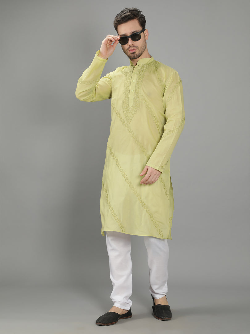 Seva Chikan Hand Embroidered Cotton Lucknowi Chikan Mens Stitched Kurta