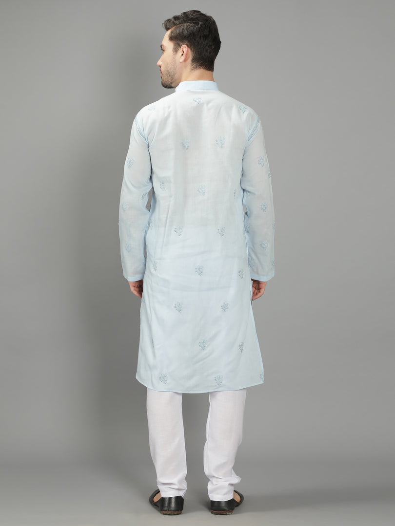 Seva Chikan Hand Embroidered Cotton Lucknowi Chikan Mens Stitched Kurta