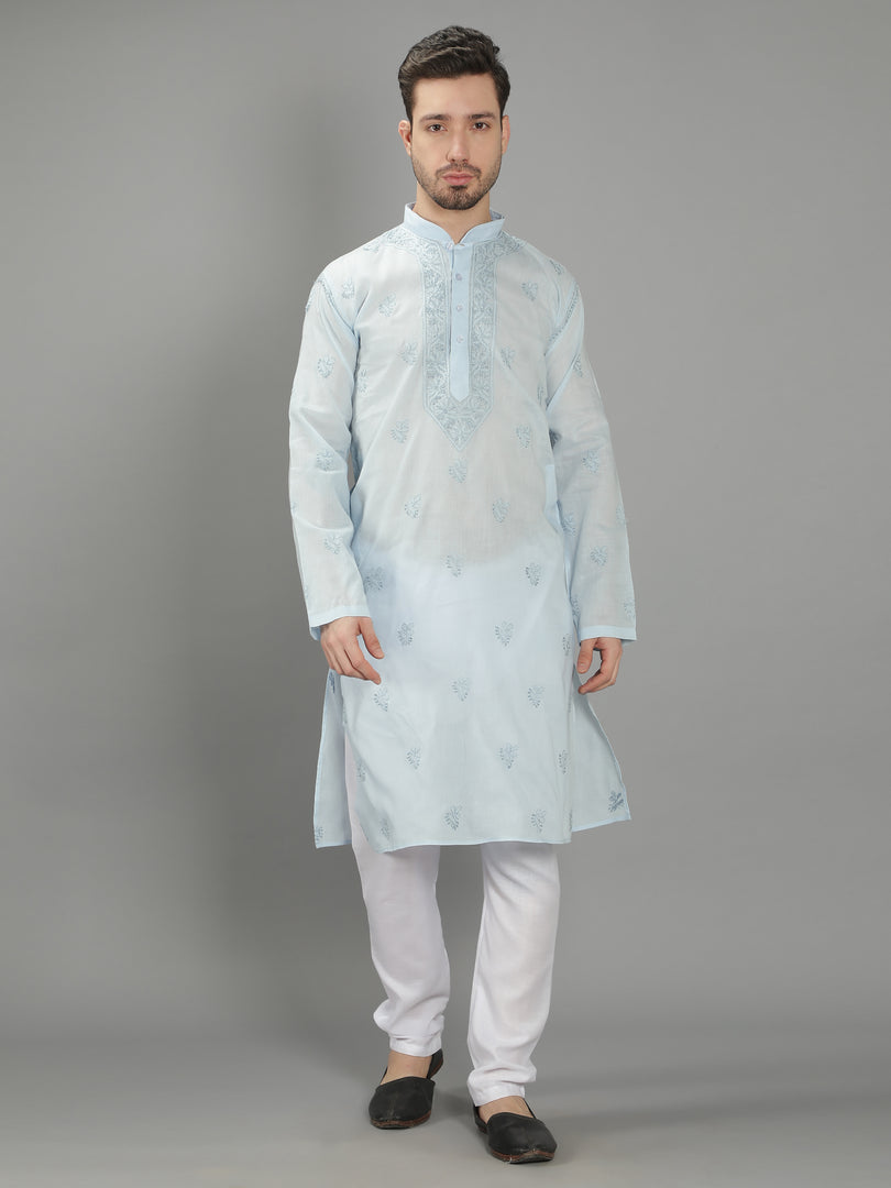 Seva Chikan Hand Embroidered Cotton Lucknowi Chikan Mens Stitched Kurta