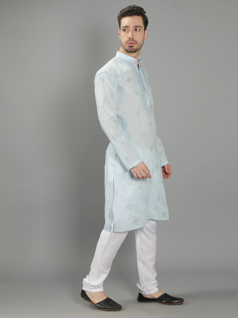 Seva Chikan Hand Embroidered Cotton Lucknowi Chikan Mens Stitched Kurta