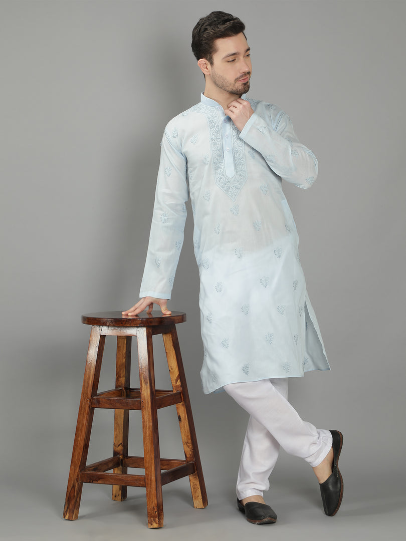 Seva Chikan Hand Embroidered Cotton Lucknowi Chikan Mens Stitched Kurta