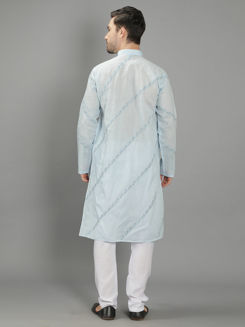 Seva Chikan Hand Embroidered Cotton Lucknowi Chikan Mens Stitched Kurta