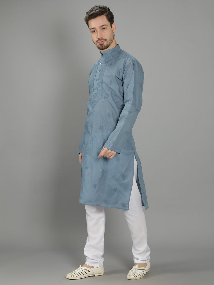 Seva Chikan Hand Embroidered Cotton Lucknowi Chikan Mens Stitched Kurta