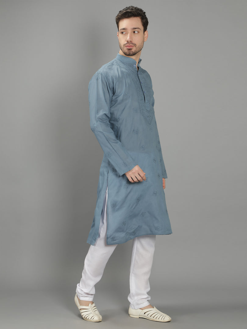 Seva Chikan Hand Embroidered Cotton Lucknowi Chikan Mens Stitched Kurta