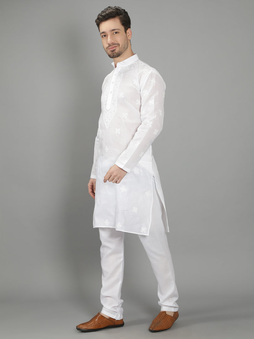 Seva Chikan Hand Embroidered Cotton Lucknowi Chikan Mens Stitched Kurta