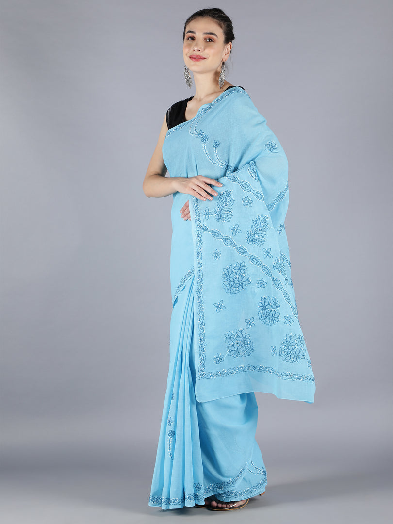 Seva Chikan Hand Embroidered Blue Cotton Lucknowi Saree-SCL6014