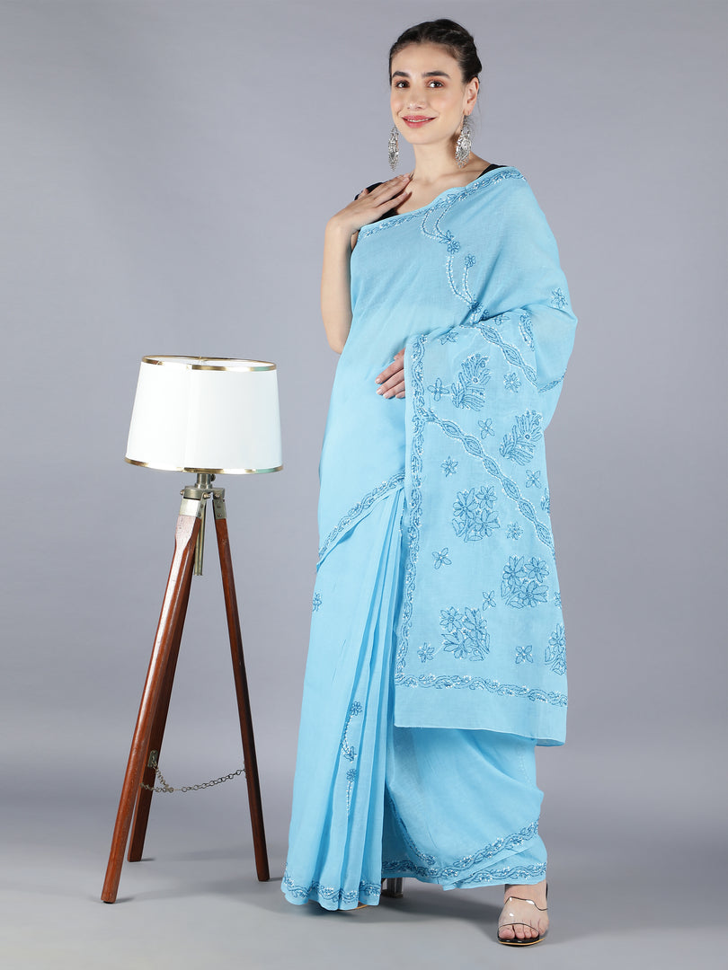 Seva Chikan Hand Embroidered Blue Cotton Lucknowi Saree-SCL6014
