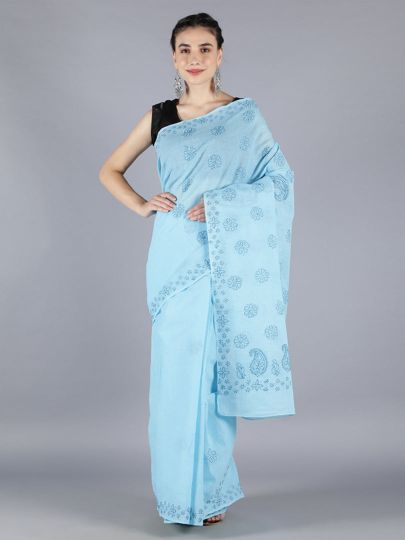 Seva Chikan Hand Embroidered Blue Cotton Lucknowi Saree-SCL6010