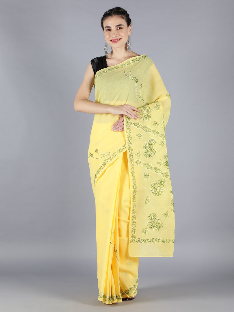 Seva Chikan Hand Embroidered Yellow Cotton Lucknowi Saree-SCL6007