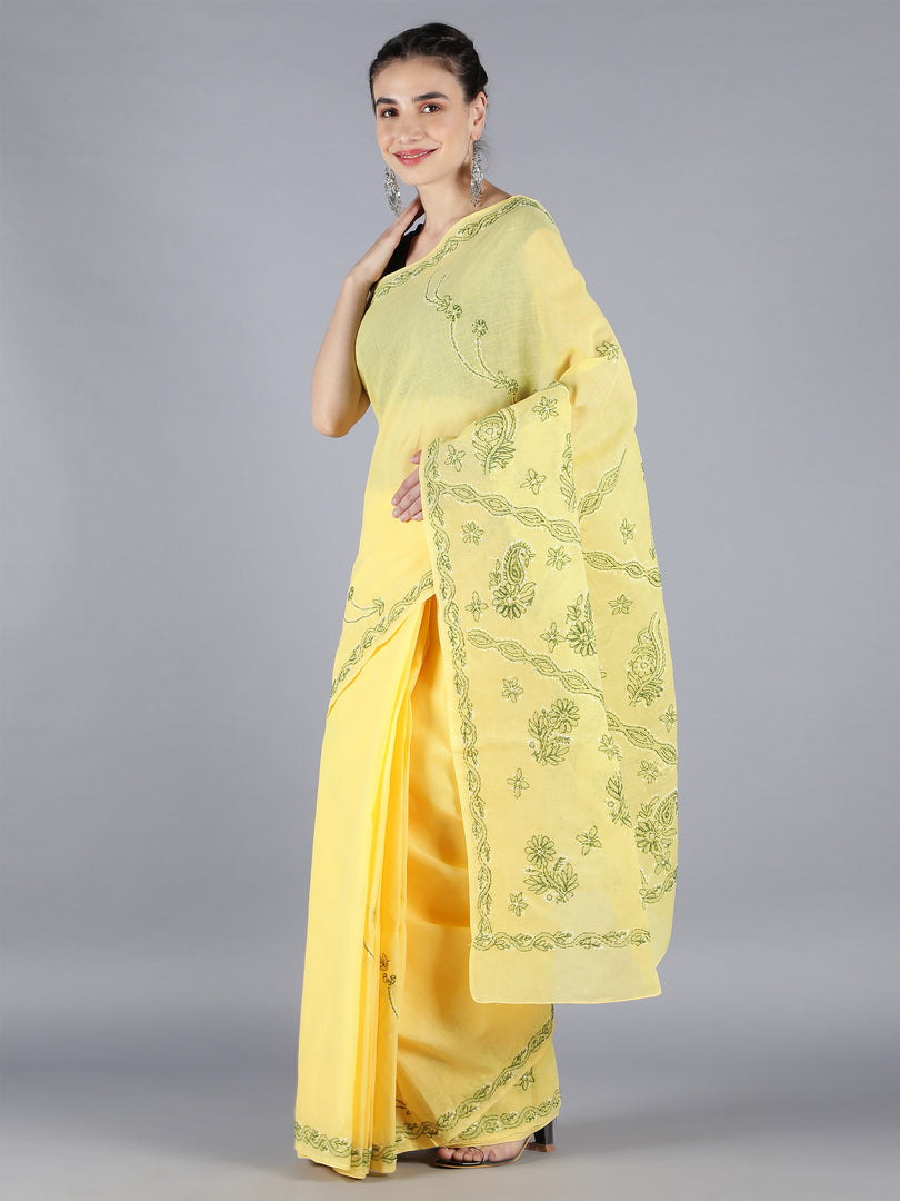 Seva Chikan Hand Embroidered Yellow Cotton Lucknowi Saree-SCL6007