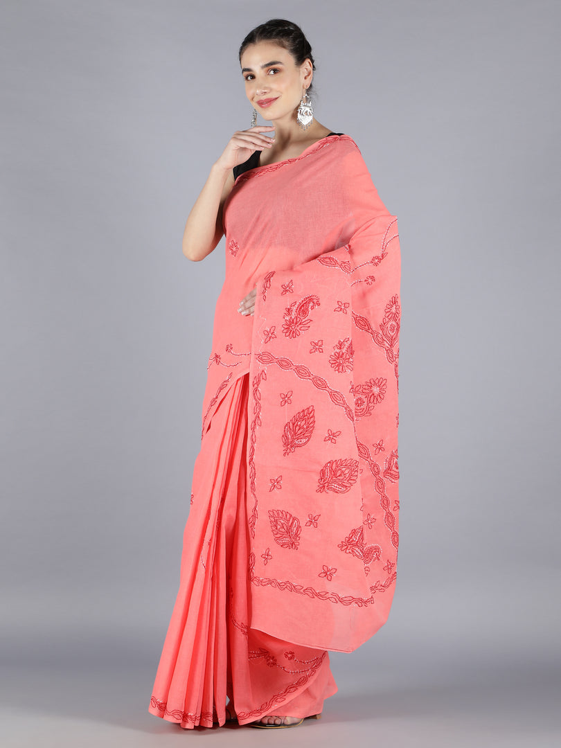 Seva Chikan Hand Embroidered  Pink Cotton Lucknowi Saree-SCL6004